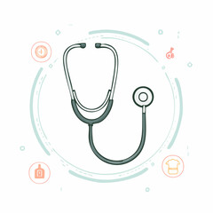 Medical stethoscope illustration with abstract health icons.