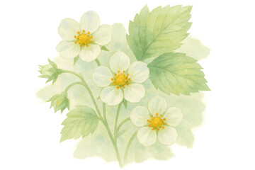 Strawberry plant flowers with white petals and yellow centers growing. Watercolor botanical drawing with a transparent background