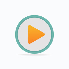 A minimalist orange play button icon with a teal border on a light grey circle.