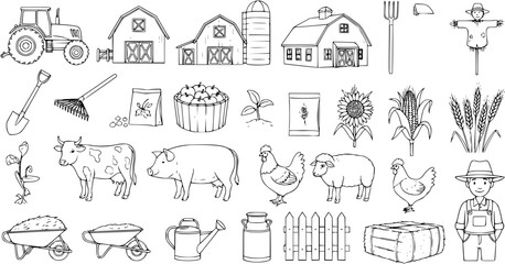 Obraz premium Farm Life: Hand-Drawn Vector Illustration of Farming Elements