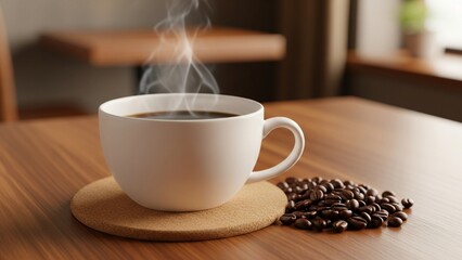 A cup of hot americano with coffee beans