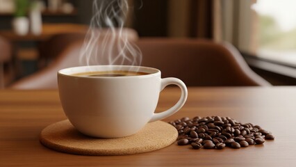 A cup of hot americano with coffee beans