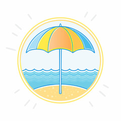A vibrant cartoon illustration of a beach scene with a colorful umbrella on sandy shore and blue ocean waves under a bright sun.