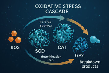 Science visualization of oxidative stress cascade shows an antioxidant enzyme defense pathway. Reactive oxygen species ROS get neutralized in crucial protective process