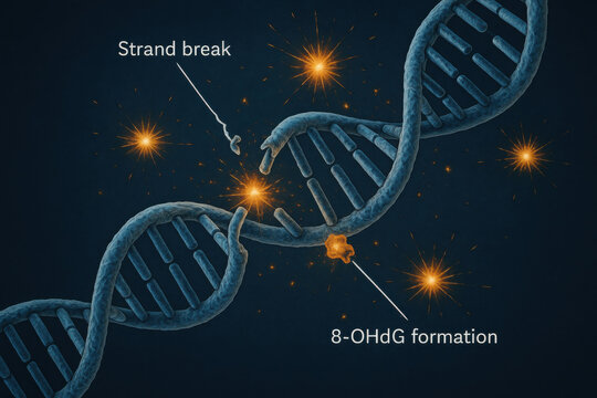 Scientific visualization of oxidative DNA damage shows detailed DNA helix with strand break and 8 OHdG formation from ROS sparks, concept for genetic mutation