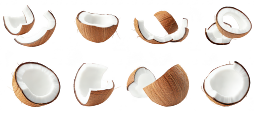 A collection of split coconut shells their inner white flesh. arranged aesthetically on a clean white background. ideal for culinary or tropical-themed projects