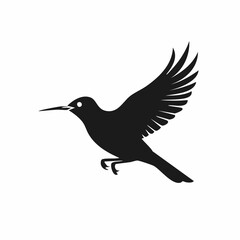 Black silhouette of a hummingbird in flight with wings spread against a white background.