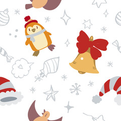 Adorable seamless Christmas doodle pattern with cute festive icons and cozy holiday vibes. Perfect for gift wrap, textiles, greeting cards, and joyful seasonal decor.