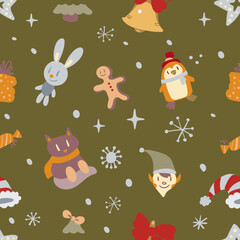 Fototapeta premium Adorable seamless Christmas doodle pattern with cute festive icons and cozy holiday vibes. Perfect for gift wrap, textiles, greeting cards, and joyful seasonal decor.