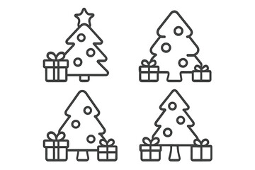 Minimalist outline symbols of decorated Christmas trees and wrapped presents for winter holidays