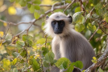 Gray langur resting on a leafy branch during a sunny afternoon in the Indian jungle