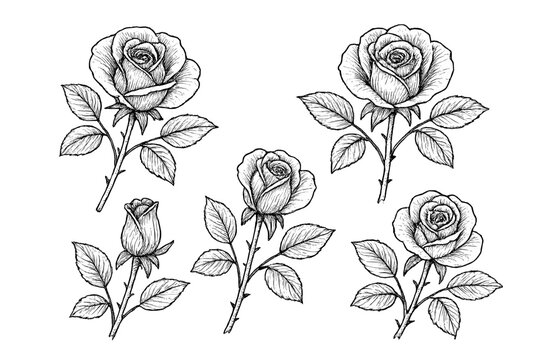 Detailed hand-drawn rose flowers and buds with stems and leaves in vintage engraving style
