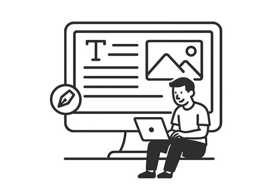 Digital content creator working on a computer screen with text editing and image layout tools