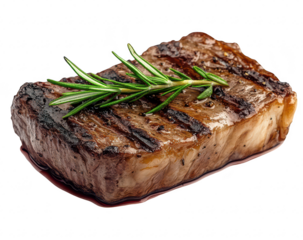 A perfectly grilled steak garnished with fresh rosemary. its juicy texture and rich color on a pristine white background. ideal for culinary publications or food blogs