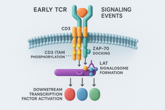Informative scientific infographic showing TCR signaling event. This biology diagram explains cell pathway for immune system activation in modern, clean composition