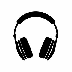 Black silhouette of over-ear headphones for listening to music and audio on a white background.