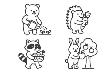 Adorable woodland animals, including a bear, rabbit, raccoon, and hedgehog, performing gardening and harvesting tasks