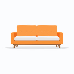 Modern orange two-seater sofa with white cushions and wooden legs, flat design illustration.