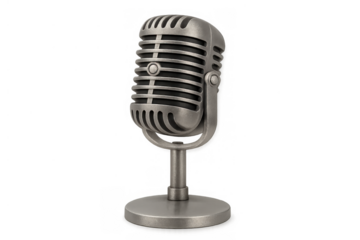 Vintage microphone on stand, broadcasting, recording, podcasting sound, retro audio equipment, music production