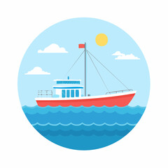 A red and white fishing boat sailing on blue ocean waves under a sunny sky with clouds.