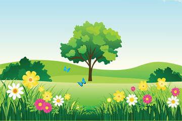 Fototapeta premium a vibrant landscape featuring a lush green tree flowers and a blue
