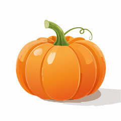 A vibrant orange pumpkin with a green stem and tendril, casting a subtle shadow on a white background.