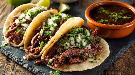 Traditional Mexican tacos de barbacoa made slow cooked lamb onions cilantro and salsa served in corn tortillas with consomm
