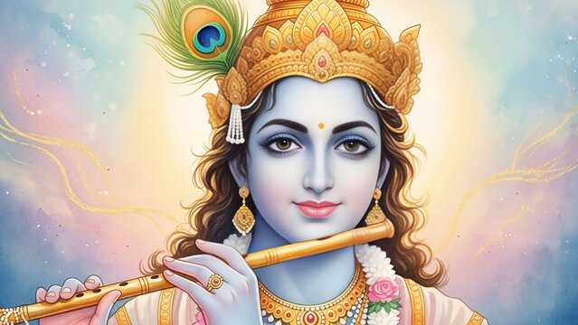 Lord krishna playing his flute with a peacock feather in his crown