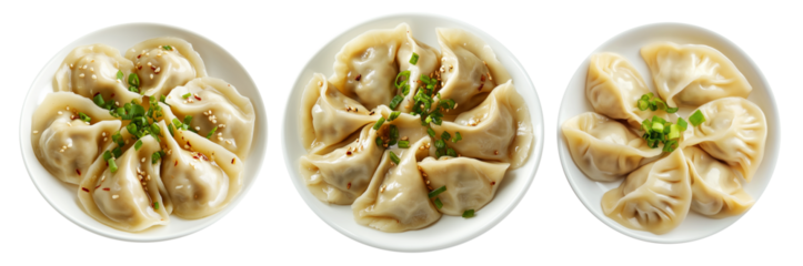 Steamed mandu dumplings placed in circular pattern on ceramic plate, isolated on white transparent background