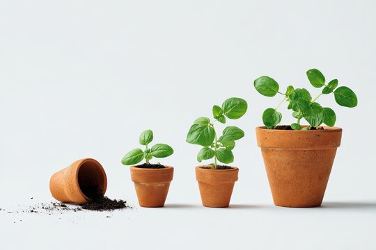Small plants in pots showing growth progression. One pot is tipped over
