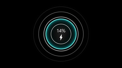 Neon loading animation counting from 0 to 22%, featuring a glowing green circle, and a charging connector on black background. Charging screen 22% percent, screen call phone display charging battery