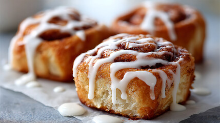 Close-up of a sugar glaze being poured over freshly baked cinnamon rolls, creating a glossy finish that adds sweetness and shine to the baked treat