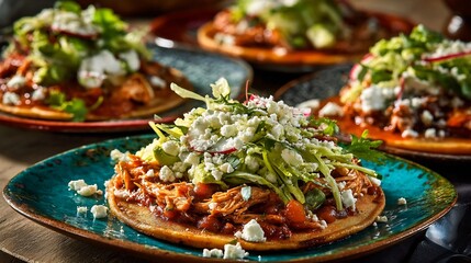 Vibrant Mexican tostadas topped refried beans shredded chicken lettuce crema crumbled cheese and salsa served on colorful ceramic plates