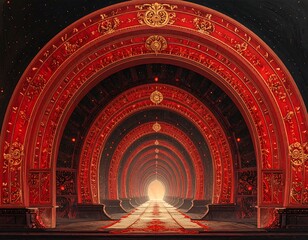 A majestic, ornate corridor with repeating red arches detailed with gold, leading towards a bright, illuminating light