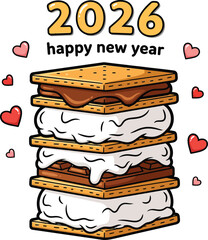 A tall multilayered cartoon smore with gooey melted marshmallow and dripping chocolate.