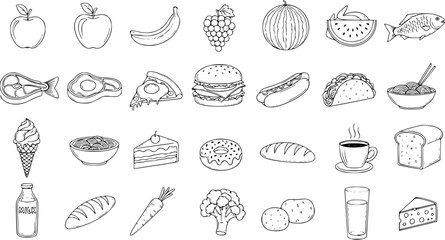 Food Icons Line Art Collection: Fruits, Veggies, Meats  Snacks
