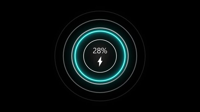 Neon loading animation counting from 0 to 44%, featuring a glowing green circle, and a charging connector on black background. Charging screen 44% percent, screen call phone display charging battery