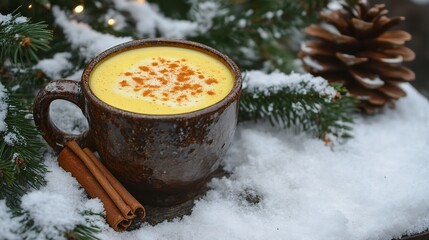 Golden milk turmeric latte recipe winter scene with snow and cinnamon sticks christmas holiday drink