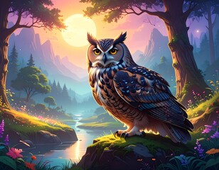 A majestic owl perched on a mossy mound by a tranquil stream, bathed in the warm light of a rising sun. Rolling hills and forest surround