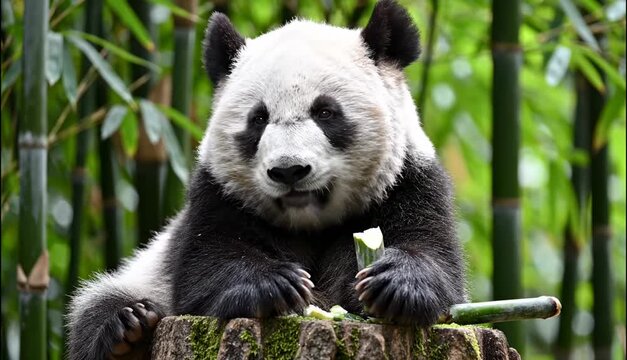 A close-up of an adorable panda looking directly at the camera, enjoying a bamboo stalk meal in a dense, green forest