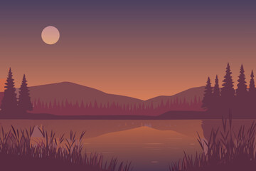Obraz premium A peaceful landscape with silhouetted trees mountains and a bright full moon