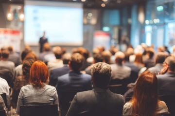 Fototapeta premium Business professionals engaged in a presentation at a modern conference venue during the afternoon
