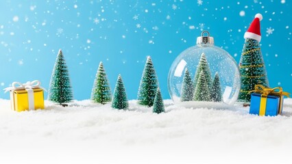 Festive winter scene with miniature trees gifts and snow globe against a blue background with snow