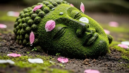 Moss-Covered Buddha Head with Falling Petals and Rain