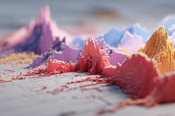 Colorful three-dimensional data visualization illustrating complex trends in statistics and analytics over time