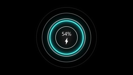 Neon loading animation counting from 0 to 86%, featuring a glowing green circle, and a charging connector on black background. Charging screen 86% percent, screen call phone display charging battery