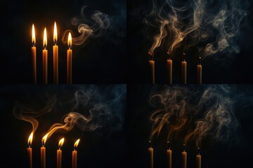 Flickering flame and swirling smoke from candles creating a meditative ambiance and ethereal beauty contrasted against a dark backdrop optimizing tranquility and reflection