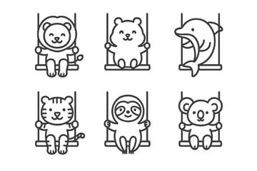 Naklejka premium Collection of cute wild animal characters sitting on swings, drawn in simple outline style
