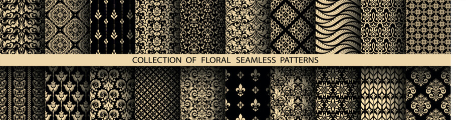 Fototapeta premium Geometric floral set of seamless patterns. Golden and black vector backgrounds. Damask graphic ornaments