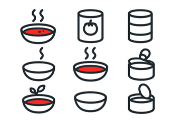 Fototapeta premium Minimalist icons depicting hot soup bowls and various canned food containers